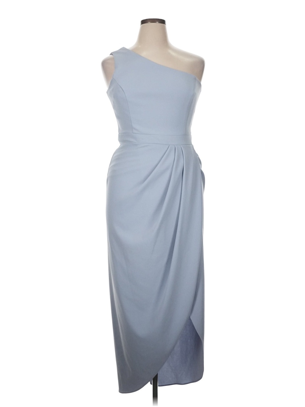 Xscape Slate Blue One-Shoulder Asymmetrical Tulip Midi Dress